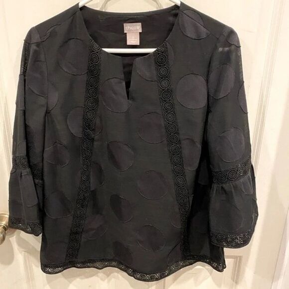 Chico's Bell Flare Sleeved Embroidered Lace Polka Dot‎ Ruffle Black Blouse 4/6 - Picture 1 of 7